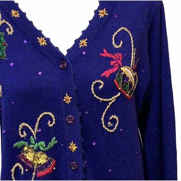 VINTAGE Bright Blue Ugly Christmas Sweater by Arriviste Beads & Sequins Small - Picture 4 of 12
